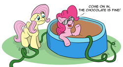 Size: 1983x1080 | Tagged: safe, artist:doodledonutart, fluttershy, pinkie pie, earth pony, pegasus, pony, g4, chocolate, chocolate bath, comic, food, hose, swimming pool, this will end in yeast infection