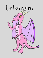 Size: 582x797 | Tagged: safe, artist:dzamie, oc, oc only, oc:leloshem, dragon, :p, colored, digital art, dragon oc, dragoness, female, gray background, horns, simple background, slit pupils, smiling, solo, tail, tongue out, wings