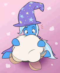 Size: 600x730 | Tagged: safe, artist:fuzzypones, trixie, pony, unicorn, g4, abstract background, animated, cape, clothes, cute, diatrixes, female, food, hat, nibbling, popcorn, solo, tail, trixie's cape, trixie's hat