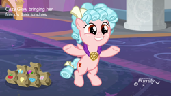 Size: 1280x720 | Tagged: safe, edit, screencap, cozy glow, pegasus, pony, g4, school raze, :d, bag, belly, bow, cozybetes, cute, cutie mark, facade, female, filly, flying, foal, grin, lunch bag, open mouth, open smile, smiling, solo