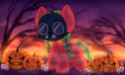 Size: 1280x765 | Tagged: safe, artist:rosaliarayson, oc, oc:sweet release, earth pony, pony, braid, braided tail, candle, chibi, chubby, colored, colored background, cute, earth pony oc, gas mask, halloween, holiday, mask, mist, nightmare night, pigtails, pumpkin, tail
