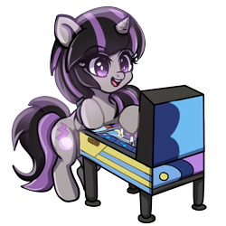 Size: 1000x1000 | Tagged: safe, artist:leokatana, oc, oc only, oc:magna-save, pony, unicorn, cute, female, horn, magic, pinball, pinball machine, simple background, solo, transparent background