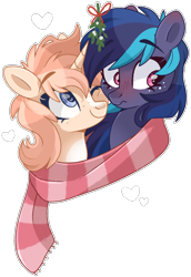 Size: 1032x1503 | Tagged: safe, artist:cinnamontee, oc, oc only, oc:rusty gears (cinnamontee), oc:swift star, pony, unicorn, avoiding eye contact, clothes, female, freckles, heart, mare, mistletoe, scarf, shared clothing, shared scarf, simple background, striped scarf, transparent background
