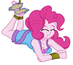 Size: 1654x1473 | Tagged: dead source, safe, artist:nie-martw-sie-o-mnie, pinkie pie, equestria girls, g4, ass, barefoot, bondage, bound wrists, breasts, butt, cleavage, clothes, eyes closed, feet, female, grin, laughing, lying down, nightgown, prone, rope, rope bondage, simple background, smiling, solo, tickle torture, tickling, transparent background