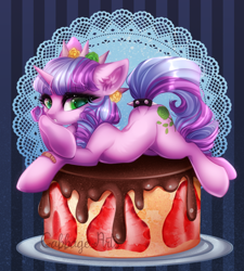 Size: 700x779 | Tagged: safe, artist:cabbage-arts, oc, oc only, original species, pony, backbend, cake, commission, commissioner:sk-ree, female, flexible, food, lying down, multicolored mane, prone, solo, strawberry, ych result