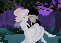 Size: 1280x906 | Tagged: safe, artist:sugarcubecreationz, discord, oc, oc:sweetheart, equestria girls, g4, base used, bridal carry, canon x oc, carrying, clothes, dress, female, male, marriage, married couple, photo, shipping, straight, wedding, wedding dress