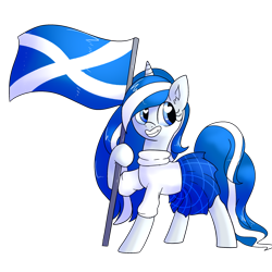 Size: 2500x2500 | Tagged: safe, artist:northernlightsone, derpibooru exclusive, oc, oc only, oc:balmoral, pony, unicorn, clothes, female, flag, grin, high res, horn, kilt, mare, nation ponies, ponified, raised flag, scotland, simple background, smiling, solo, sweater, transparent background, unicorn oc
