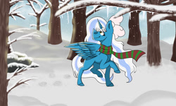 Size: 1280x768 | Tagged: safe, artist:howlerwolf101, oc, oc only, oc:fleurbelle, alicorn, pony, alicorn oc, bow, clothes, female, forest, hair bow, horn, icicle, mare, scarf, snow, solo, striped scarf, wings, winter