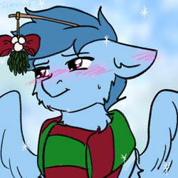 Size: 1000x1000 | Tagged: safe, artist:sinrinf, oc, oc only, any gender, any race, any species, blushing, clothes, commission, mistletoe, scarf, snow, solo, striped scarf, your character here