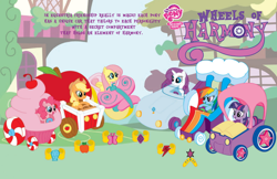 Size: 700x453 | Tagged: safe, artist:katie jean wise, applejack, fluttershy, pinkie pie, rainbow dash, rarity, twilight sparkle, earth pony, pegasus, pony, unicorn, g4, apple, car, concept, concept art, cupcake, element of generosity, element of honesty, element of kindness, element of laughter, element of loyalty, element of magic, elements of harmony, food, unreleased, vehicle, wheels of harmony