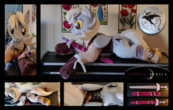 Size: 1280x815 | Tagged: safe, artist:purplenebulastudios, derpy hooves, pegasus, pony, g4, ciri, irl, life size, lying down, photo, plushie, prone, solo, sword, the witcher, weapon