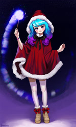 Size: 1500x2517 | Tagged: safe, artist:mrscroup, izzy moonbow, human, g5, my little pony: a new generation, blushing, bracelet, christmas, clothes, holiday, humanized, jewelry, looking at you, magic, shoes, solo, stockings, thigh highs, wand