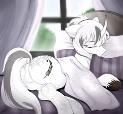 Size: 3000x2768 | Tagged: safe, artist:munrei, oc, oc only, oc:chloe white, pony, unicorn, bed, bedroom, butt, clothes, commission, eyes closed, female, high res, horn, lace, lying down, lying on bed, mare, morning, on bed, panties, plot, sleeping, solo, stockings, thigh highs, underwear, window