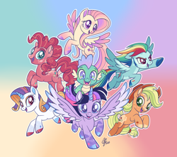 Size: 1180x1044 | Tagged: safe, artist:polymercorgi, applejack, fluttershy, pinkie pie, rainbow dash, rarity, spike, twilight sparkle, alicorn, dragon, earth pony, pegasus, pony, unicorn, g4, alternate design, alternative cutie mark placement, applejack's hat, bubble berry, cloven hooves, colored hooves, colored horn, colored wings, cowboy hat, ear piercing, earring, eyeshadow, flying, gradient hooves, hat, horn, jewelry, lip piercing, makeup, mane seven, mane six, multicolored wings, piercing, rainbow blitz, rule 63, scruff, sideburns, spread wings, stock vector, torn ear, twilight sparkle (alicorn), wings