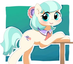 Size: 1550x1376 | Tagged: safe, artist:leo19969525, coco pommel, earth pony, pony, g4, blushing, cocobetes, cute, ear fluff, female, happy, leaning on table, looking at you, mare, smiling, solo, table