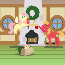 Size: 2160x2160 | Tagged: safe, anonymous artist, big macintosh, fluttershy, oc, oc:late riser, earth pony, pegasus, pony, series:fm holidays, series:hearth's warming advent calendar 2021, g4, advent calendar, baby, baby pony, christmas, christmas stocking, christmas wreath, colt, cute, decorating, female, fireplace, garland, hearth's warming, hearth's warming doll, high res, holiday, lineless, male, mare, offspring, parent:big macintosh, parent:fluttershy, parents:fluttermac, pointy ponies, ship:fluttermac, shipping, sleeping, stallion, straight, wreath