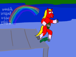 Size: 500x374 | Tagged: safe, artist:horsesplease, sprout cloverleaf, earth pony, pony, unown, g5, my little pony: a new generation, bottle, derp, doodle, drunk, meme, ocean, parody, pier, pokémon, ponified meme, rainbow, sad sprout, this will end in pain