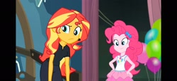 Size: 2340x1080 | Tagged: safe, screencap, pinkie pie, sunset shimmer, all the world's off stage, all the world's off stage: pinkie pie, equestria girls, g4, my little pony equestria girls: better together, balloon, bow, clothes, confused, director shimmer, duo, duo female, female, geode of sugar bombs, hair bow, hand on hip, magical geodes, rah rah skirt, skirt, smiling, tank top, unamused