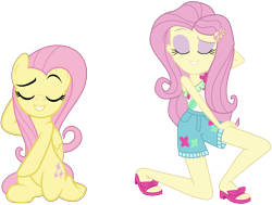 Size: 5753x4352 | Tagged: safe, artist:jhayarr23, artist:kuco, edit, fluttershy, pegasus, pony, equestria girls, equestria girls series, g4, i'm on a yacht, spoiler:eqg series (season 2), absurd resolution, adorasexy, beautiful, cute, eyes closed, eyeshadow, feet, female, hooves behind head, human pony fluttershy, kneeling, legs, makeup, mare, pose, raised eyebrow, sandals, sassy, scene interpretation, sexy, shyabetes, simple background, smiling, smug, toes, transparent background, vector