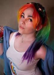Size: 781x1080 | Tagged: safe, rainbow dash, human, g4, clothes, cosplay, costume, cutie mark on clothes, goggles, irl, irl human, photo, tank top