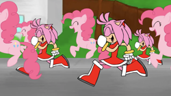 Size: 3584x2016 | Tagged: safe, artist:animatedjames, pinkie pie, g4, amy rose, clone, crossover, high res, pinkie clone, running, sonic the hedgehog (series)