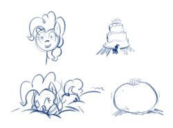 Size: 1000x738 | Tagged: safe, artist:lowkey, pinkie pie, earth pony, pony, g4, belly, belly bed, big belly, cake, fat, female, food, huge belly, impossibly large belly, inflation, lineart, mare, monochrome, pudgy pie, sketch, solo