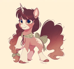 Size: 2722x2523 | Tagged: safe, artist:imalou, oc, oc only, oc:fairy inkcap, pony, unicorn, bow, braid, brown mane, commission, freckles, green eyes, hair bow, high res, simple background, smiling, solo, tail, tail bow, unshorn fetlocks