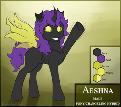 Size: 4500x4000 | Tagged: safe, artist:stardustspix, oc, oc:aeshna, changepony, hybrid, double colored changeling, femboy, frog (hoof), looking at you, male, reference sheet, smiling, smiling at you, solo, standing, underhoof, waving, waving at you, wings, yellow changeling