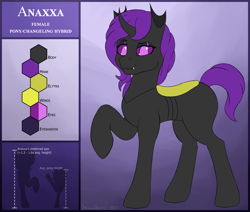 Size: 6500x5500 | Tagged: safe, artist:stardustspix, oc, oc:anaxxa, changepony, hybrid, eyeshadow, female, looking at you, makeup, purple changeling, reference sheet, size comparison, solo, standing