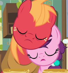 Size: 846x916 | Tagged: safe, artist:agrol, big macintosh, sugar belle, earth pony, pony, unicorn, most sweet apple, g4, cropped, cute, eyes closed, female, food, freckles, male, mare, messy mane, morning ponies, pancakes, ship:sugarmac, shipping, sleeping, sleeping together, stallion, straight