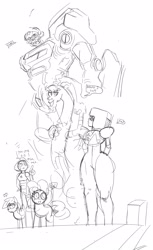 Size: 2468x4041 | Tagged: safe, artist:_ton618_, discord, pinkie pie, rainbow dash, draconequus, earth pony, gem (race), pegasus, pony, g4, bumblebee (transformers), crossover, dialogue, female, fusion, garnet (steven universe), gem, gem fusion, male, mare, monochrome, pearl, pearl (steven universe), speech bubble, steven universe, transformers