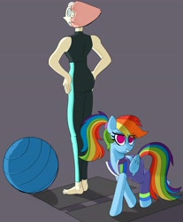 Size: 2914x3512 | Tagged: safe, artist:_ton618_, gem (race), pegasus, pony, ass, barefoot, butt, crossover, duo, duo female, exercise ball, feet, female, gem, high res, mare, pearl, pearl (steven universe), steven universe, workout outfit