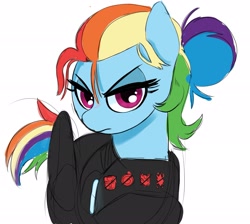Size: 2039x1825 | Tagged: safe, artist:_ton618_, rainbow dash, pegasus, pony, g4, alternate hairstyle, alternate universe, fantasy class, female, hair bun, lidded eyes, looking at you, mare, rogue, solo