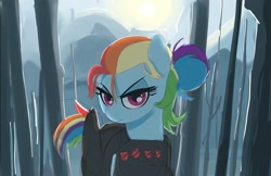 Size: 3275x2128 | Tagged: safe, artist:_ton618_, rainbow dash, pegasus, pony, g4, alternate hairstyle, alternate universe, fantasy class, female, hair bun, high res, lidded eyes, looking at you, mare, rogue, solo