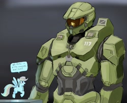 Size: 4096x3324 | Tagged: safe, artist:_ton618_, rainbow dash, human, pegasus, pony, g4, armor, artificial intelligence, crossover, dialogue, duo, halo (series), master chief, speech bubble