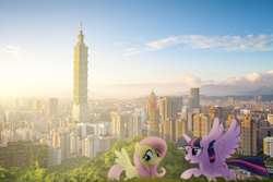 Size: 640x427 | Tagged: safe, artist:xgalacticursax, fluttershy, twilight sparkle, alicorn, pony, g4, city, irl, photo, ponies in real life, taipei, taiwan, twilight sparkle (alicorn)