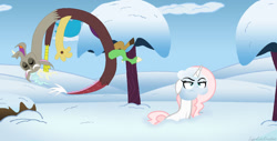 Size: 1280x648 | Tagged: safe, artist:sugarcubecreationz, discord, oc, oc:sweetheart, draconequus, pony, unicorn, g4, canon x oc, female, laughing, male, mare, snow, snowball, snowball fight