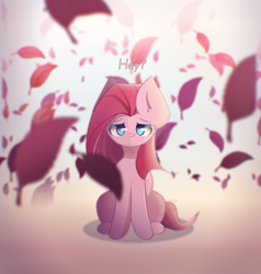 Size: 1900x2000 | Tagged: safe, artist:miryelis, pinkie pie, earth pony, pony, g4, cute, cuteamena, leaves, looking at you, pinkamena diane pie, sitting, smiling, smiling at you, solo, straight hair, text, void