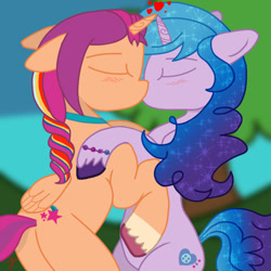 Size: 600x600 | Tagged: safe, artist:applejunksparkler, izzy moonbow, sunny starscout, alicorn, pony, unicorn, g5, my little pony: a new generation, bipedal, blushing, butt, cute, eyes closed, female, floating heart, heart, horn, horns are touching, hug, izzybetes, kiss on the lips, kissing, lesbian, mane stripe sunny, plot, race swap, ship:moonscout, shipping, sunnybetes, sunnycorn