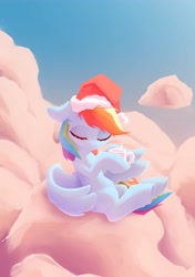 Size: 2819x4000 | Tagged: safe, artist:senaelik, rainbow dash, pegasus, pony, g4, chocolate, christmas, cloud, cute, dashabetes, ear fluff, eyes closed, female, floppy ears, food, hat, high res, holiday, hoof hold, hot chocolate, hot drink, mare, missing cutie mark, mug, on a cloud, outdoors, partially open wings, pastel colors, santa hat, sitting, sky, solo, wings