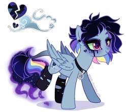 Size: 1183x1039 | Tagged: safe, artist:gihhbloonde, oc, pegasus, pony, closed mouth, clothes, collar, ear piercing, earring, ethereal tail, eyeshadow, female, folded wings, green sclera, jewelry, leonine tail, lightly watermarked, magenta eyes, makeup, mare, mascara, offspring, parent:king sombra, parent:rainbow dash, parents:sombradash, piercing, raised hoof, ripped stockings, simple background, smiling, socks, solo, stockings, tail, thigh highs, torn clothes, transparent background, watermark, wings