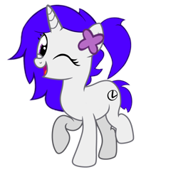 Size: 3400x3392 | Tagged: safe, artist:lexusbrony, oc, oc only, oc:lexus, pony, unicorn, 2022 community collab, derpibooru community collaboration, base used, eyelashes, female, flower, flower in hair, happy, high res, horn, looking at you, one eye closed, open mouth, open smile, ponytail, short tail, simple background, smiling, smiling at you, solo, tail, transparent background, wink, winking at you