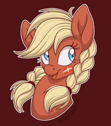 Size: 792x900 | Tagged: safe, artist:littlehybridshila, oc, oc only, oc:valkyria, earth pony, pony, blue eyes, braid, brown background, bust, cute, denmark, earth pony oc, female, hair tie, mare, open mouth, open smile, outline, portrait, simple background, smiling, solo, white outline