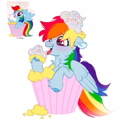 Size: 1961x2048 | Tagged: safe, artist:draw3, rainbow dash, pegasus, pony, g4, chest fluff, cupcake, food, heart eyes, open mouth, rainbow and cupcakes, simple background, smiling, sprinkles, tongue out, unfortunate implications, white background, wingding eyes