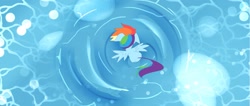 Size: 2350x1000 | Tagged: safe, artist:youhoujou, rainbow dash, pegasus, pony, g4, overhead view, ripple, solo, spread wings, water, wings