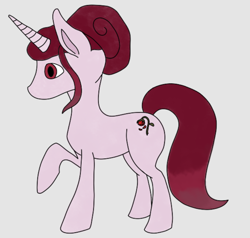 Size: 970x924 | Tagged: safe, artist:ranze61, oc, oc only, oc:rosa maledicta, pony, unicorn, equestria at war mod, colored, female, gray background, hair bun, horn, mare, pink mane, red eyes, red hair, red tail, simple background, solo, tail