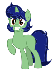 Size: 3400x4400 | Tagged: safe, artist:gabosor, derpibooru exclusive, oc, oc only, oc:gabosor, pony, unicorn, 2022 community collab, derpibooru community collaboration, androgynous, blank flank, digital art, grin, looking at you, meta, paint.net, ponysona, raised hoof, show accurate, simple background, smiling, solo, standing, transparent background, vector