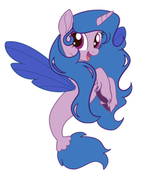 Size: 1280x1515 | Tagged: safe, artist:tsunamirose08, izzy moonbow, seapony (g4), unicorn, g5, my little pony: a new generation, base used, blue mane, female, fin wings, fins, fish tail, flowing mane, flowing tail, hilarious in hindsight, horn, looking at you, open mouth, open smile, seaponified, seapony izzy moonbow, simple background, smiling, solo, species swap, tail, transparent background, unshorn fetlocks, vector, wings