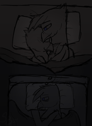 Size: 1900x2600 | Tagged: safe, artist:somber, oc, oc only, oc:sombird, griffon, bed, blanket pillow, cuddling, dark, depression, edgy, female, griffon oc, hug, male, snuggling, thought bubble
