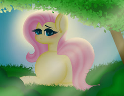 Size: 1280x999 | Tagged: source needed, useless source url, safe, artist:sugarcubecreationz, fluttershy, pegasus, pony, g4, blushing, bush, butt, day, ear fluff, eyebrows, eyelashes, female, flutterbutt, forest, grass, large butt, looking at you, looking back, looking back at you, lying down, outdoors, plot, prone, puppy dog eyes, shy, sky, solo, sunshine, tree